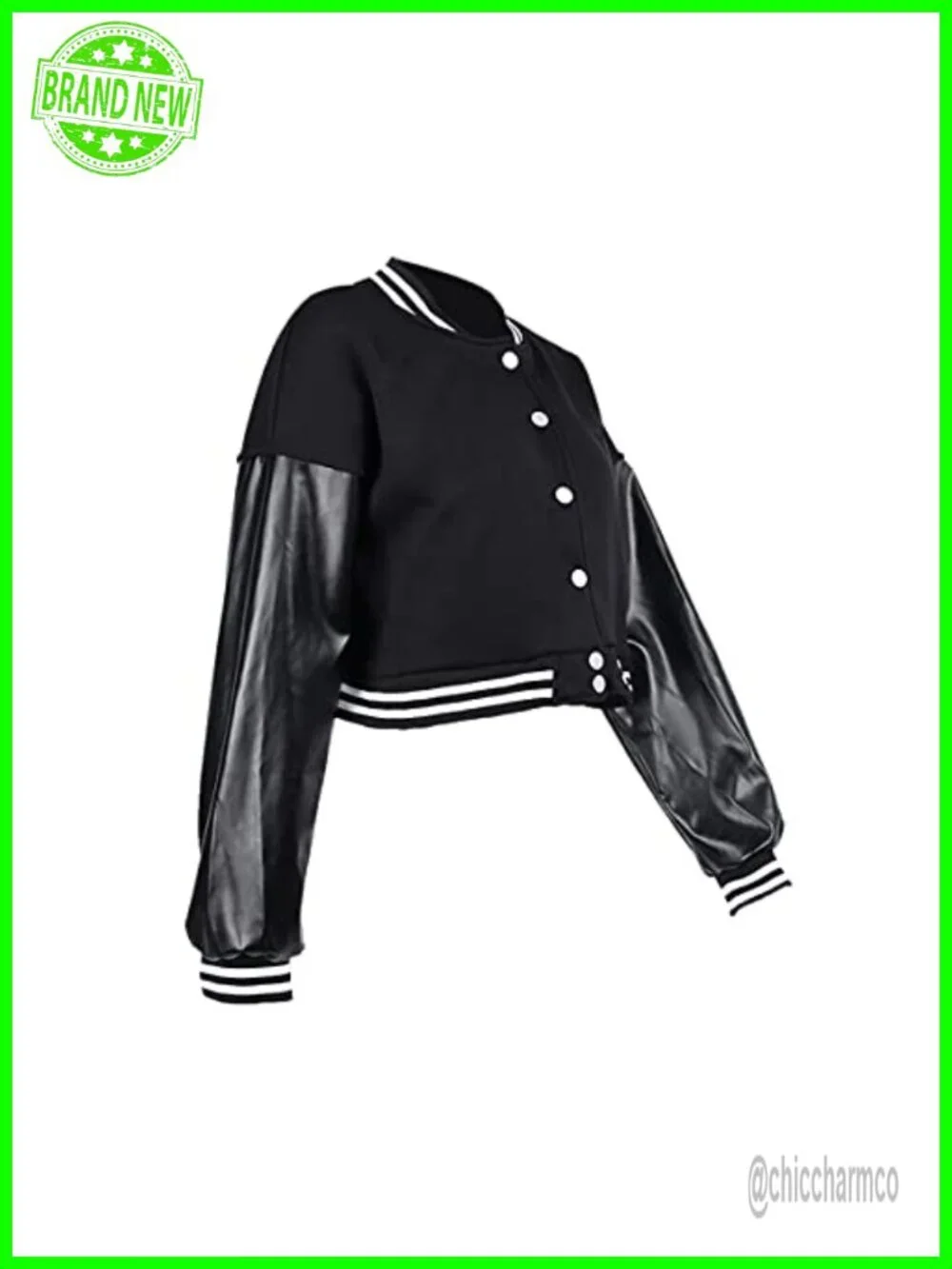 Women Color Block Crop Fleece Baseball Jacket Button Down Bomber Coat